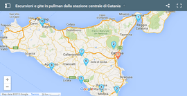 Mappa delle escursioni e gite in pullman dalla stazione centrale di Catania