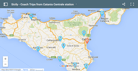 Map suggesting coach trips from the Main Station in Catania