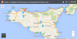 Karte der Ausflüge mit Fernbussen vom Hauptbahnhof Palermo aus