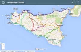 Karte der Fernstraßen auf Sizilien